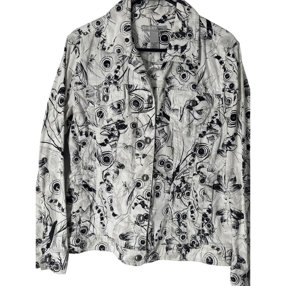 Chico's Platinum Denim Jacket Women's 2 Black White Abstract Print Trucker - Picture 5 of 7